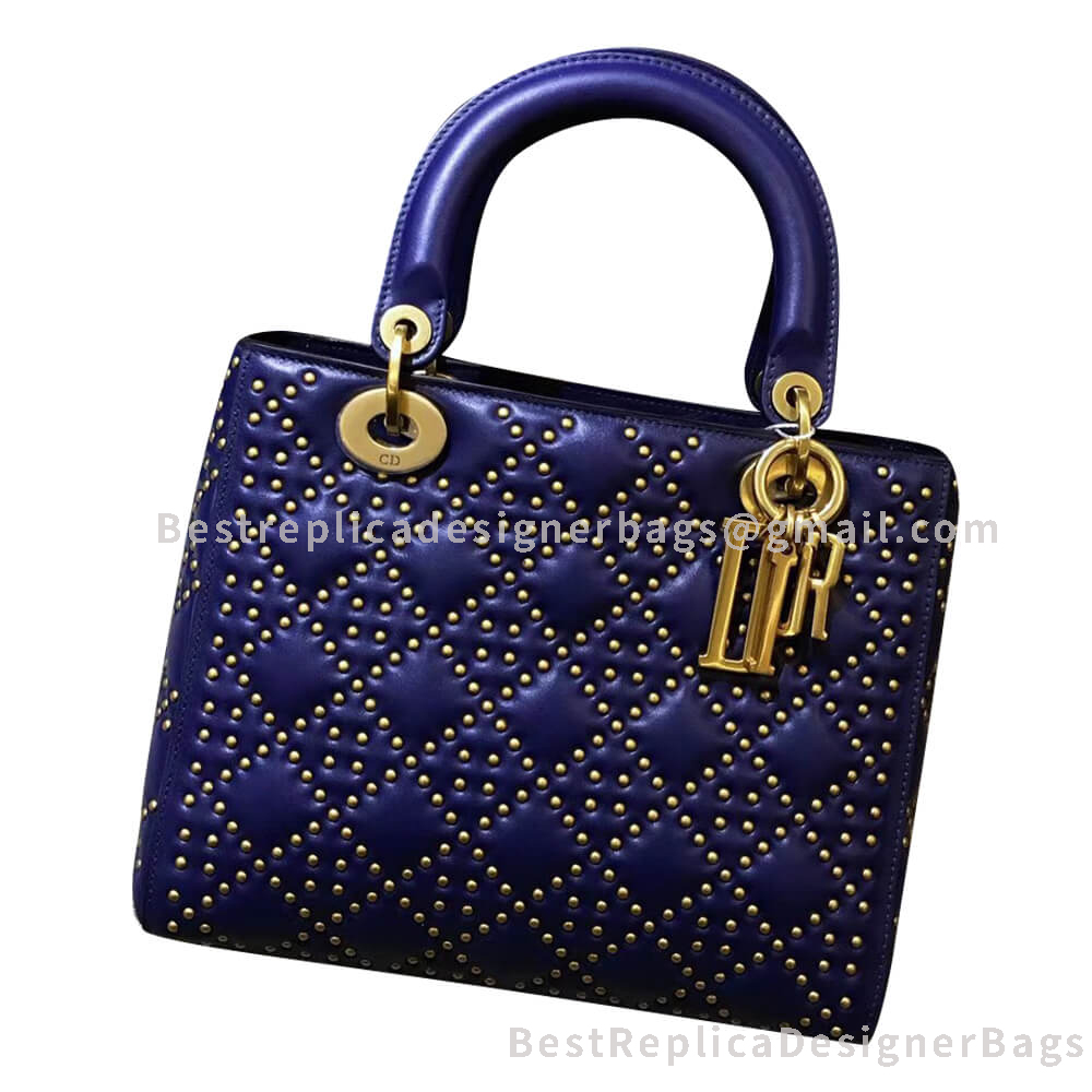 Dior Medium Lady Dior Lambskin Studded Bag Jewel Blue GHW